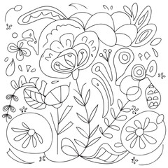 Black and white floral set. Doodle flower drawing. Art therapy coloring page. Relaxing for all ages. For adult and kids