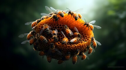 Obraz premium Mesmerizing macro photograph showcasing a swarming colony of social insects within a complex organic hive structure in a lush forest setting