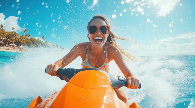 Un femme séduisante, souriante, s'amusant sur un jet ski orange, portant des lunettes de soleil. Concept d'aventure et de vacances de rêve.