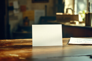Blank card on a rustic wooden table bathed in sunlight, creating a warm and inviting atmosphere. Perfect for adding your own message!