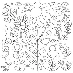 Black and white floral set. Doodle flower drawing. Art therapy coloring page. Relaxing for all ages. For adult and kids