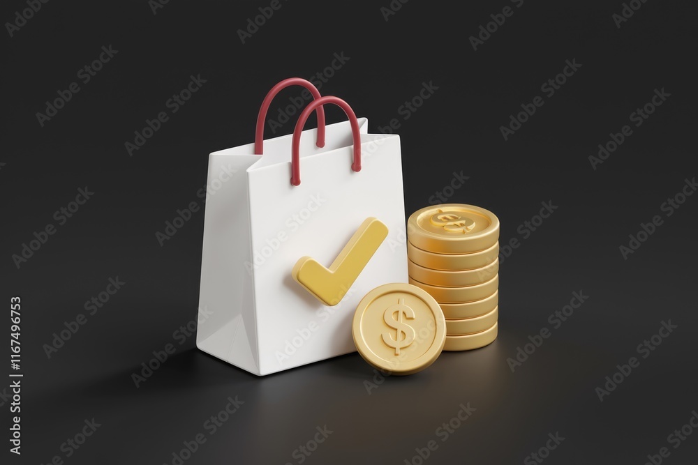 Aufkleber shopping bag with a checkmark and a stack of gold coins symbolizing successful online purchase.