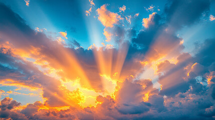 A dramatic sky at sunset with radiant beams of light breaking through the clouds, creating an Easter-themed backdrop filled with symbolism of renewal and hope

