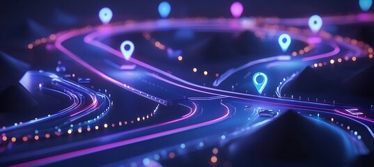 Obraz premium A creative depiction of a business strategy road map with digital markers and icons representing milestones, set against a futuristic background