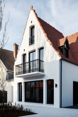 Obraz premium Elegant modern house with a sloped roof and balcony in a residential neighborhood during daytime, featuring a clean white exterior and large windows