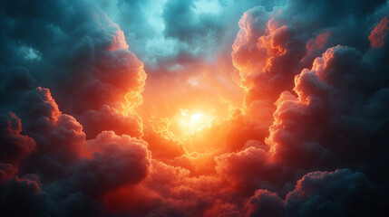 A dramatic sky at sunset with radiant beams of light breaking through the clouds, creating an Easter-themed backdrop filled with symbolism of renewal and hope

