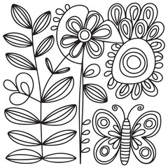 Black and white floral set. Doodle flower drawing. Art therapy coloring page. Relaxing for all ages. For adult and kids