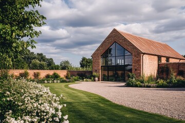 Fototapeta premium A contemporary barn-style structure beautifully nestled within a landscaped garden, surrounded by vibrant greenery and a partly cloudy daytime sky