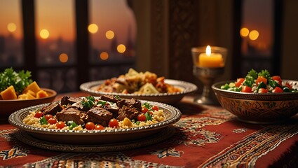 Fototapeta premium several platters of food, likely couscous and meat, on a table set for a meal. A candle adds a warm ambiance, and a city skyline appears in the background