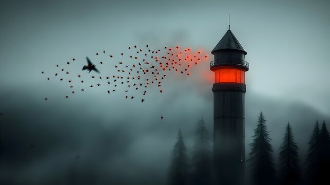 Swarm of luminescent bioluminescent insects drawn to a dense undulating aggregation by a pheromone rich chemical signal in a desolate