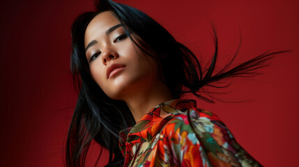 Fototapeta premium Crimson Backdrop, A Portrait of Serene Intensity, her gaze captivating against the bold, vibrant red, with dark hair framing her face, a striking, sophisticated visual,