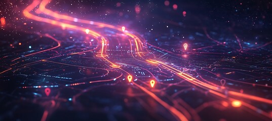 A creative depiction of a business strategy roadmap with digital milestones and glowing markers, set against a futuristic background.