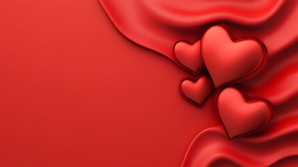 Red Hearts Resting on a Red Fabric Background