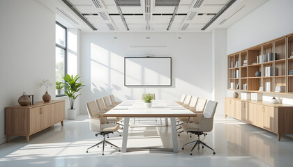 Fototapeta premium stock photo features a bright and airy office meeting room with a minimalist design, characterized by white walls and wooden furniture. 