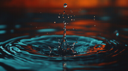 A droplet of water suspended midair symbolizing life and renewal, embodying the balance between chaos and harmony, reflecting light and showing purity and transparency
