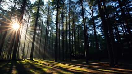 Obraz premium Sunbeams Illuminate Tall Pine Trees In A Forest