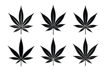 Collection of Black Cannabis Leaf Silhouettes on White Background