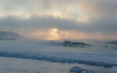 Foggy sunset on the Basque coast
