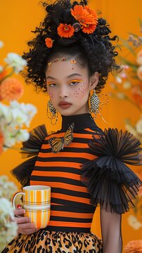  Avant-garde fashion, A model holding a yellow mug, in a gown with zebra butterfly and cheetah patterns. Bold black, white, and orange stripes, butterfly wings, floral yellow background. 
