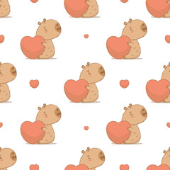 Seamless romantic pattern. Cute happy cartoon capybara with big heart valentine