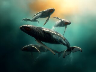 Elegant humpback whales gliding in perfect harmony through the open ocean