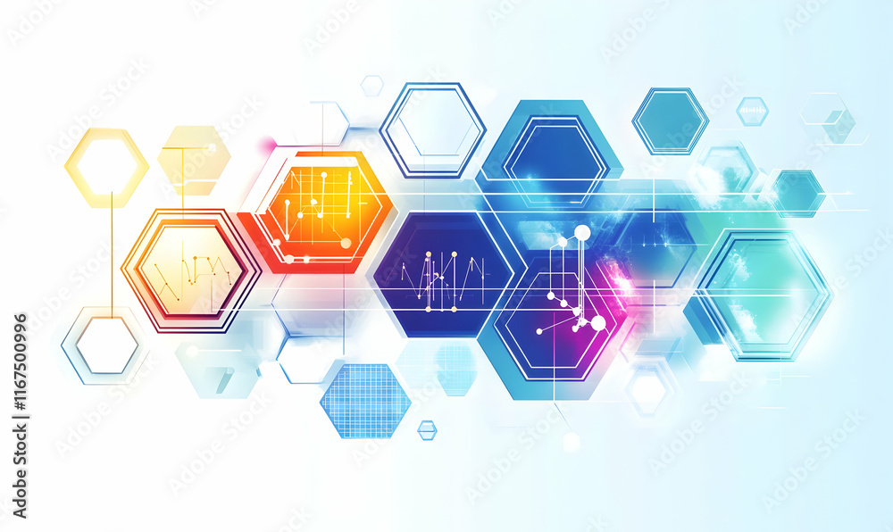 Poster white background with hexagonal patterns, a white and gray color scheme