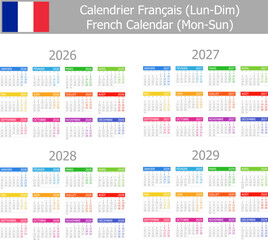 2026-2029 French Type-1 Calendar Mon-Sun on white background