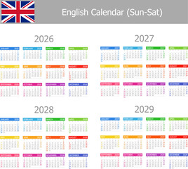2026-2029 English Type-1 Calendar Sun-Sat on white background