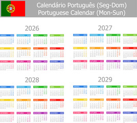 2026-2029 Portuguese Type-1 Calendar Mon-Sun on white background