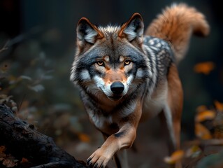 Obraz premium Powerful wolf like figure with raised tail and alert posture asserting its dominance within a dense lush forest environment rendered in a simplified