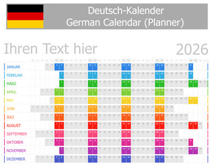 2026 German Planner Calendar with Horizontal Months on white background