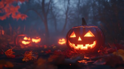 Illuminated Jackolanterns Amidst Autumn Leaves in a Dark Forest