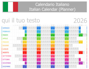 2026 Italian Planner Calendar with Horizontal Months on white background