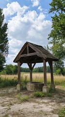 A rustic wooden well structure in a grassy landscape under cloudy skies.