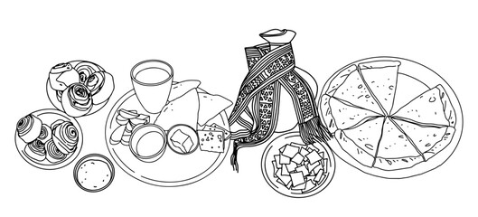 Traditional food of Dagestan and Caucasian people, khachapuri, khinkal, jar in minimalistic vector line illustration set. Vector illustration
