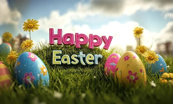 A field of grass with a sign that says Happy Easter. There are several eggs scattered throughout the field