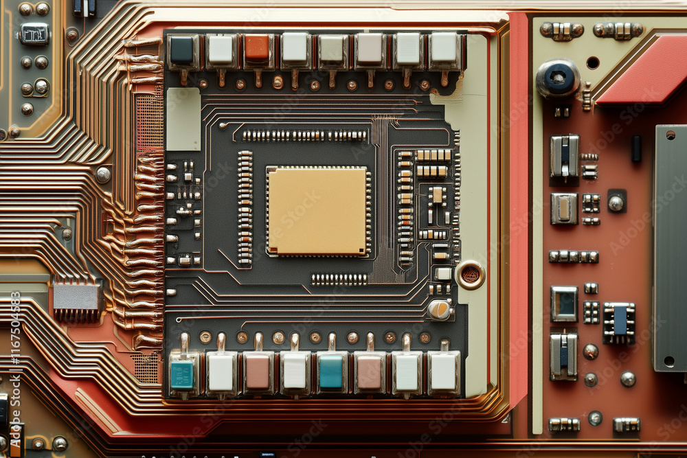 Poster close up of a computer chip with a lot of wires and components. concept of complexity and intricacy,