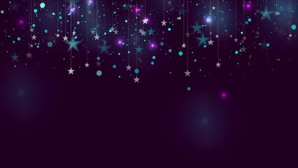 Obraz premium Silver hanging stars and neon shiny particles abstract background