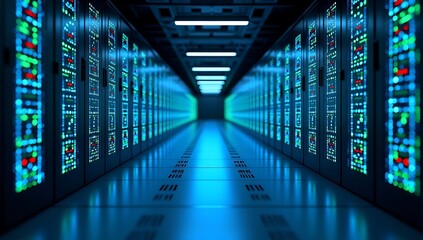 Advanced Data Center with Illuminated Server Racks and Glowing Network Connections