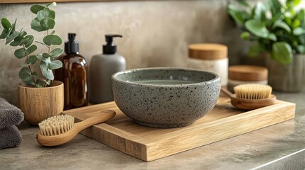 A serene bathroom setting featuring natural elements for relaxation and self-care.