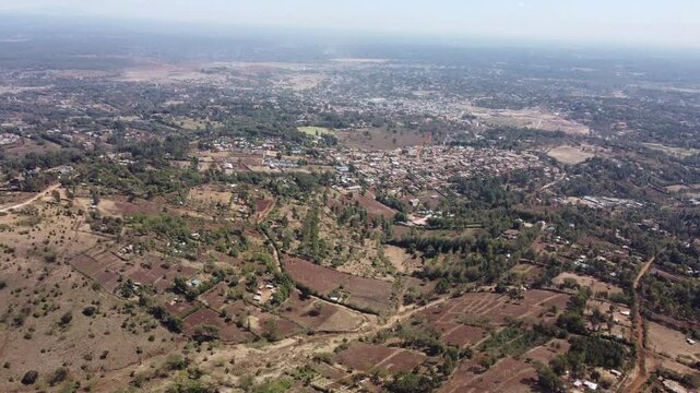 Aerial flyover of the Ngong region west of Nairobi, Kenya.