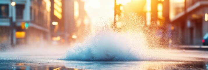 Fototapeta premium Urgency in the Urban Landscape as Emergency Crews Respond to a Broken Fire Hydrant