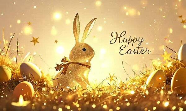 A rabbit is sitting in a field of golden eggs with the words "Happy Easter" written above it
