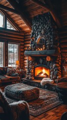 Obraz premium Cozy log cabin interior with a stone fireplace and warm ambiance.
