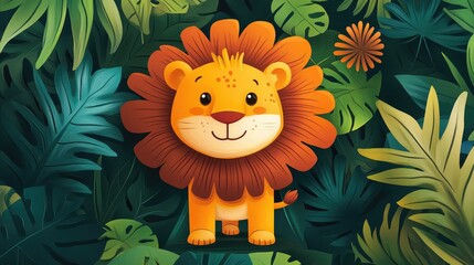 A cheerful cartoon lion surrounded by vibrant tropical leaves.
