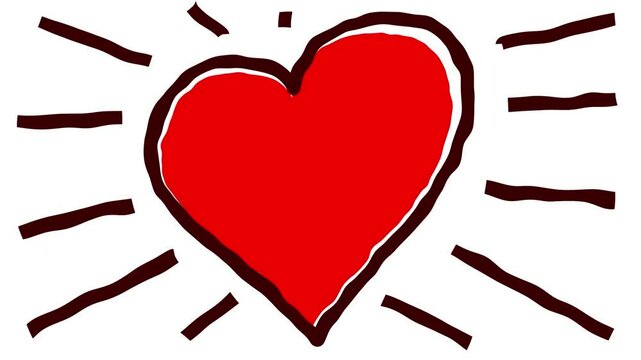 Heart symbol in stop motion video effect. Classic opener from red color and hand drawen lines around. With alpha channel monochrome black and white for valentines day