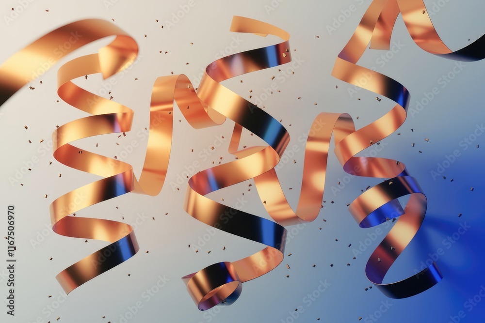 Poster golden ribbons swirl elegantly against a soft gradient background, scattered with confetti.