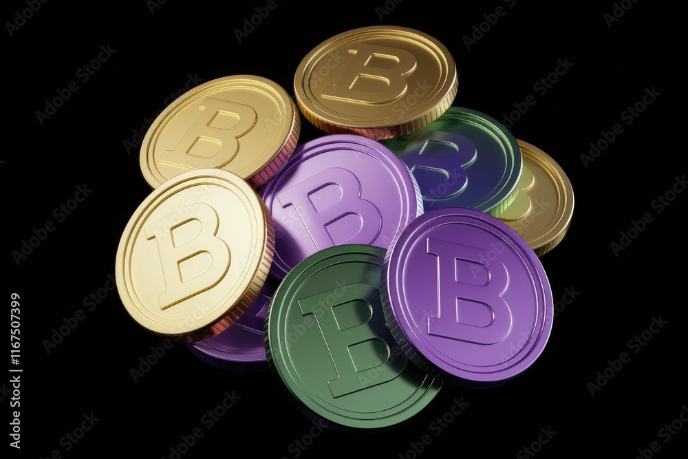 Poster A pile of colorful Bitcoin cryptocurrency coins, symbolizing digital currency and blockchain technology.