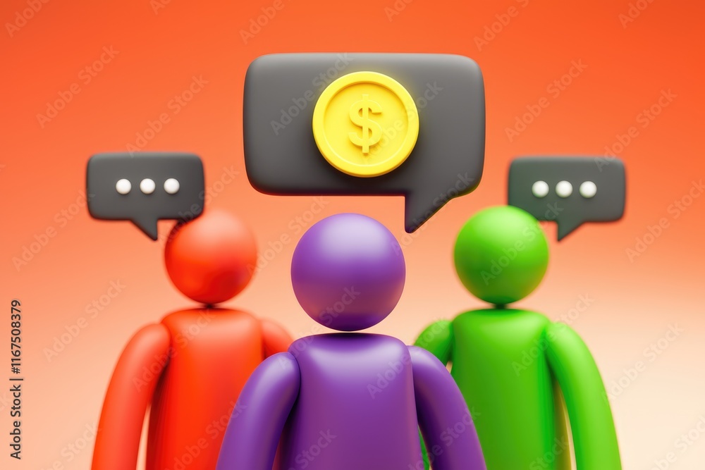 Aufkleber Three figures discussing monetary matters; a concept of financial communication and collaboration.