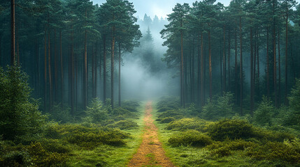 Fototapeta premium A solitary trail fading into a misty forest with soft sunlight filtering through the fog, evoking a sense of mystery and solitude in the heart of nature